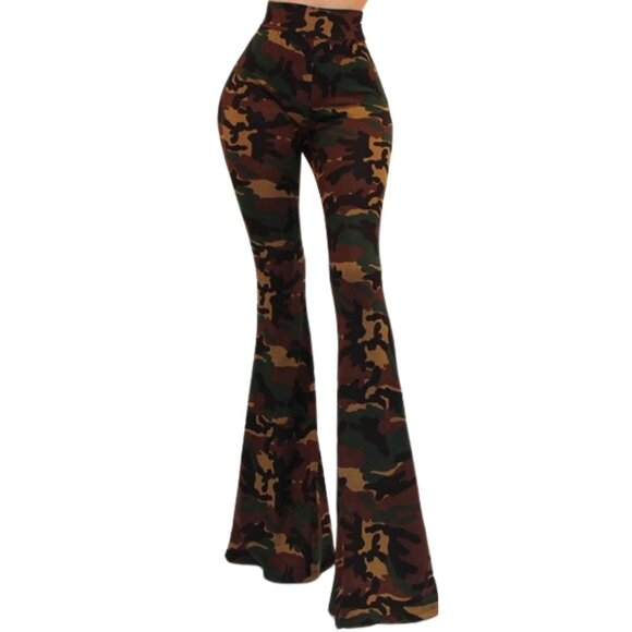 Got Style Green Camouflage High Waist Bell Bottom Palazzo Pants - Picture 1 of 4